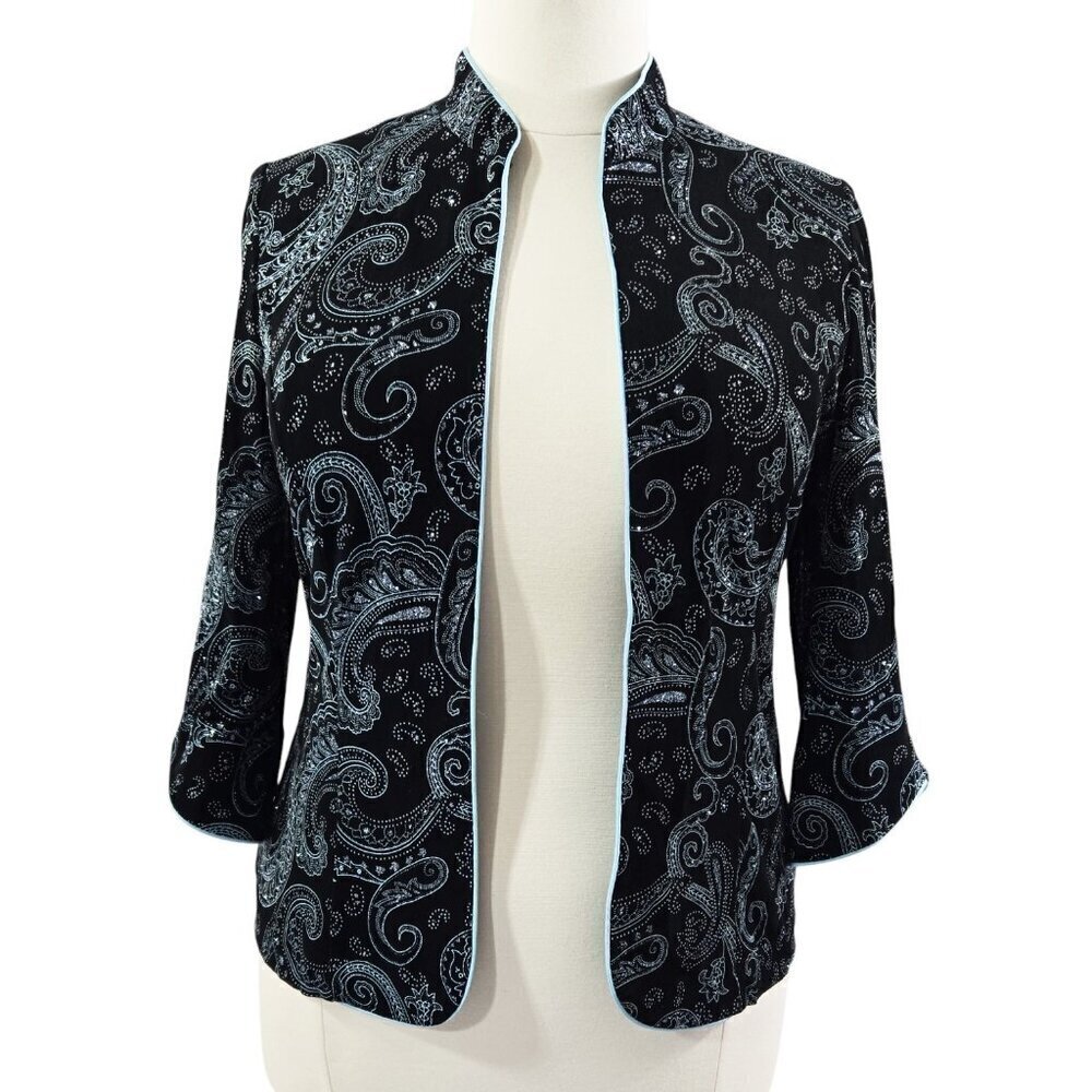 Alex Evenings Black Blue Glitter Paisley Slinky Knit Mock Neck Topper Jacket